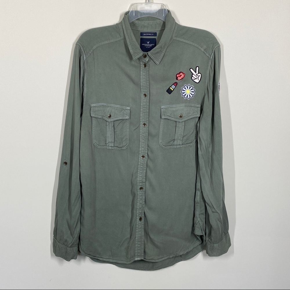 American Eagle Army Green Shirt Boyfriend Fit Size M